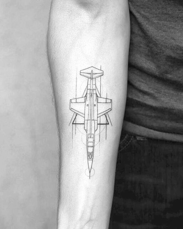 Geometric jet fighter tattoo by @fleurnoiretatto