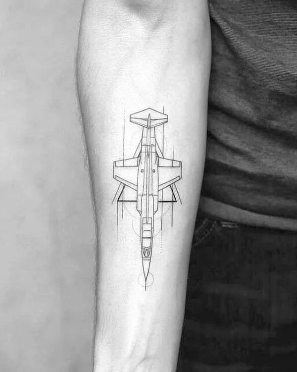 Geometric jet fighter tattoo by @fleurnoiretatto