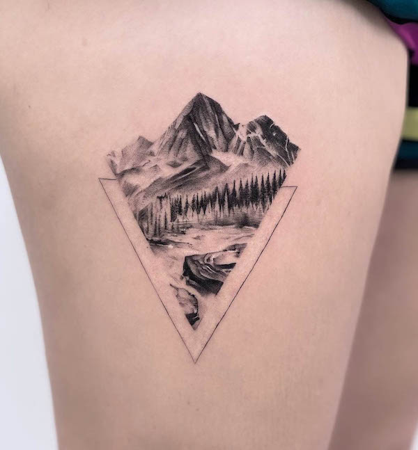 Geometric mountain thigh tattoo by @june_alison