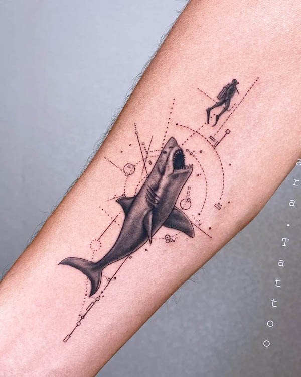 Geometric shark tattoo by @delara.tattoo