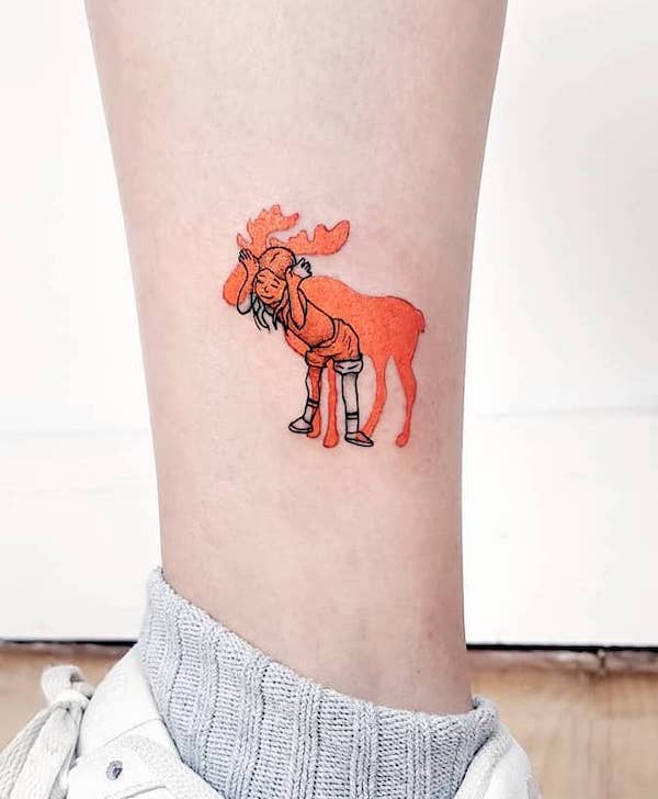 Girl and moose ankle tattoo by @by_vas