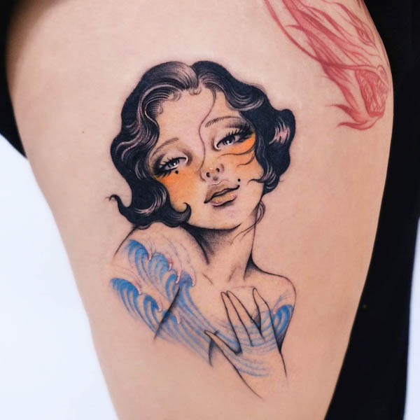 Girly wave and portrait tattoo by @rohatattoo