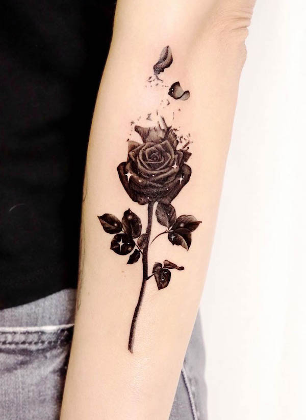 Glittering black rose forearm tattoo by @peria_tattoo