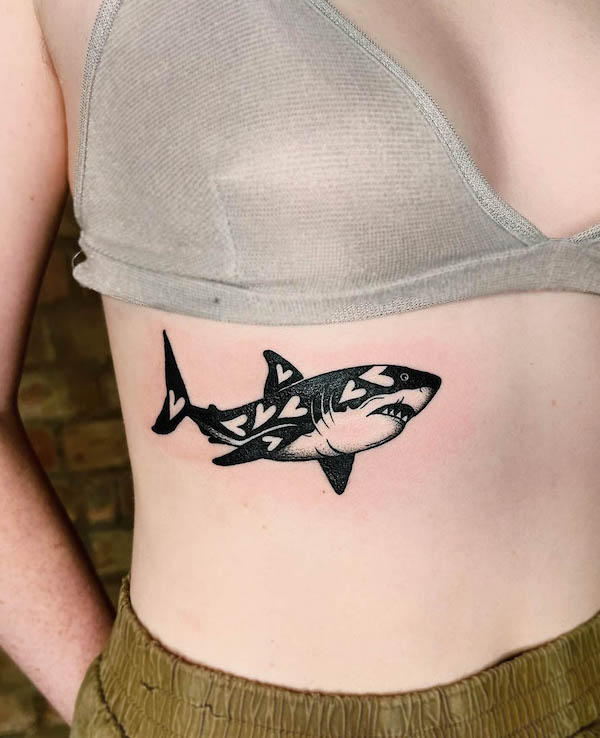 Great white shark tattoo on the rib by @byyclouds