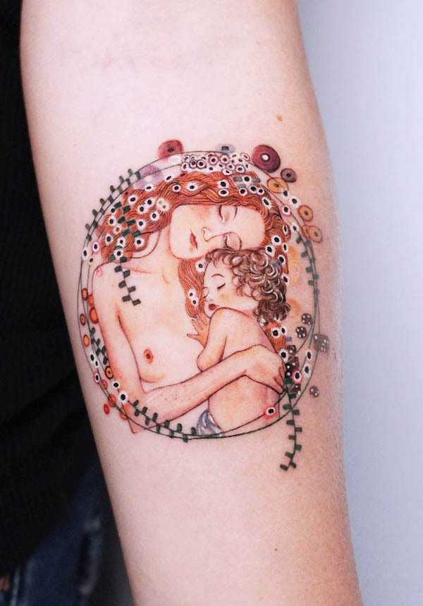 Gustav Klimt forearm tattoo by @debrartist