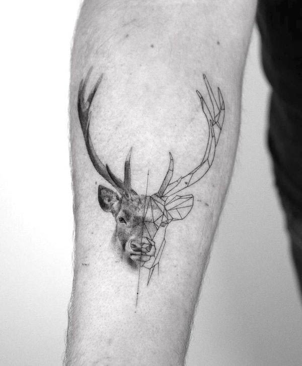 Half-geometric deer head tattoo by @naokotattoo