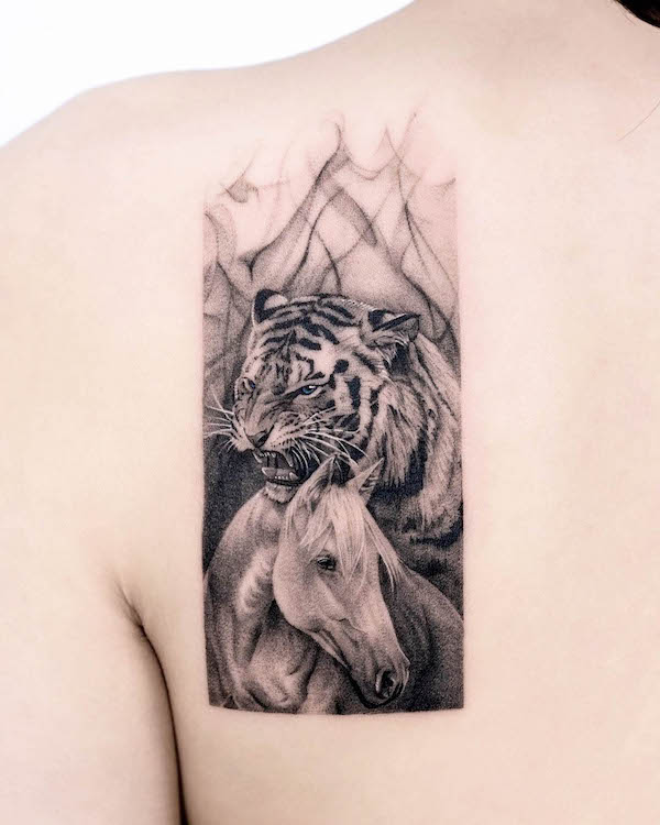 Horse and tiger tattoo by @start.your.line