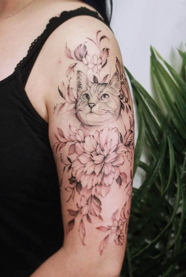 Intricate cat and flowers half sleeve tattoo for women by @geegeeruru