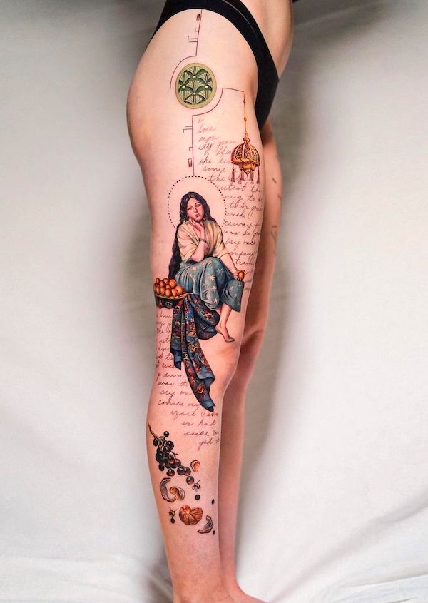 Intricate full leg conceptual tattoo by @senatatts