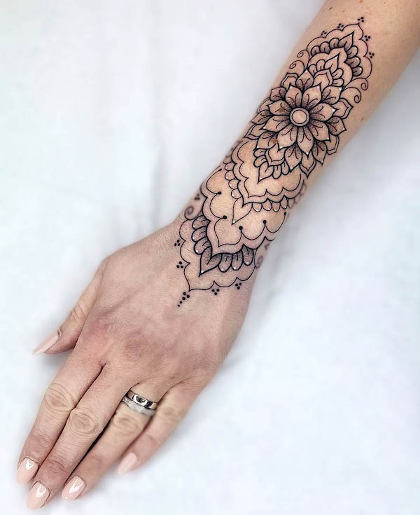 Intricate mandala wrist tattoo by @nikkitattoox