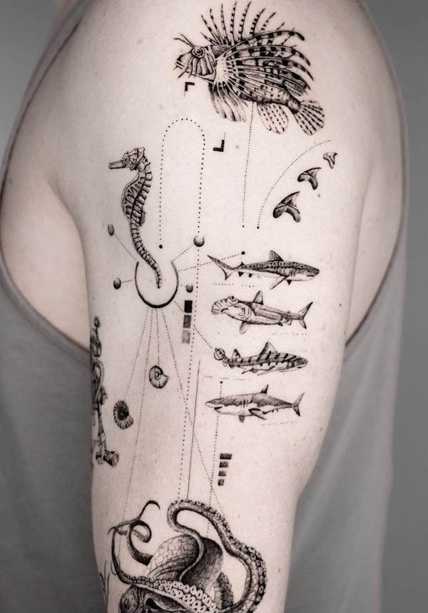 Intricate sea life sleeve tattoo by @lostroombp