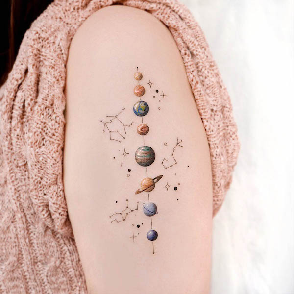 Intricate planets and stars sleeve tattoo by @choiyun_tattoo