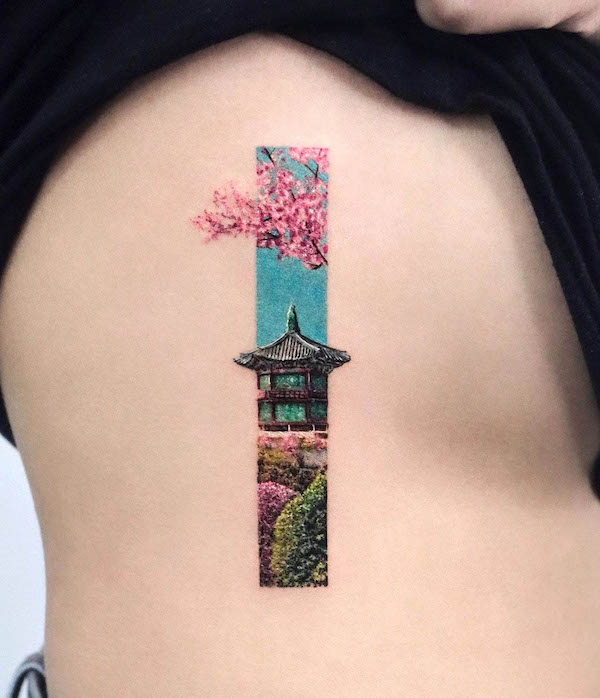 Landscape and cherry blossom tattoo by @mooji_tt