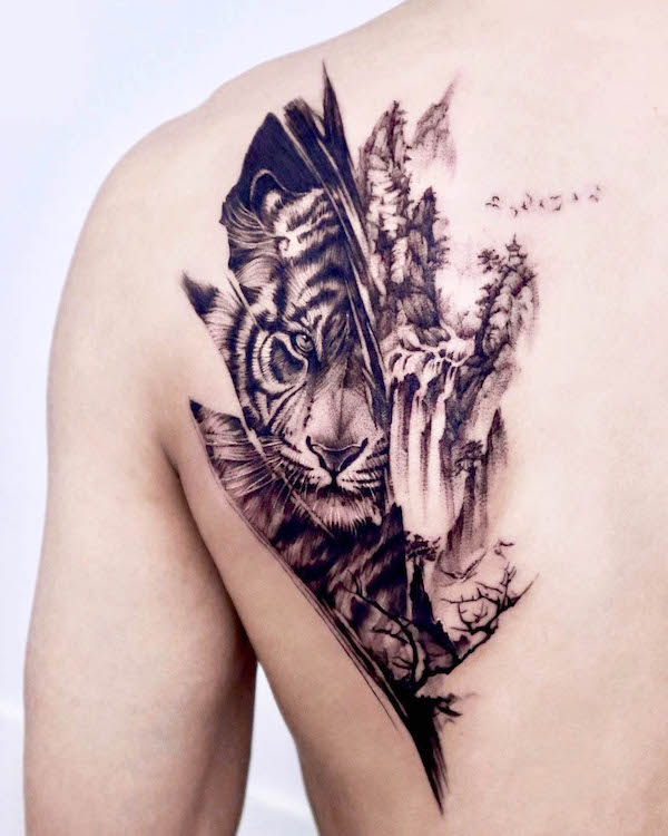 Landscape and tiger back tattoo by @forest__tt