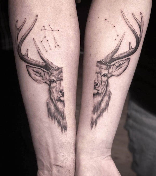 Matching deer tattoos with constellation by @laura.tinta