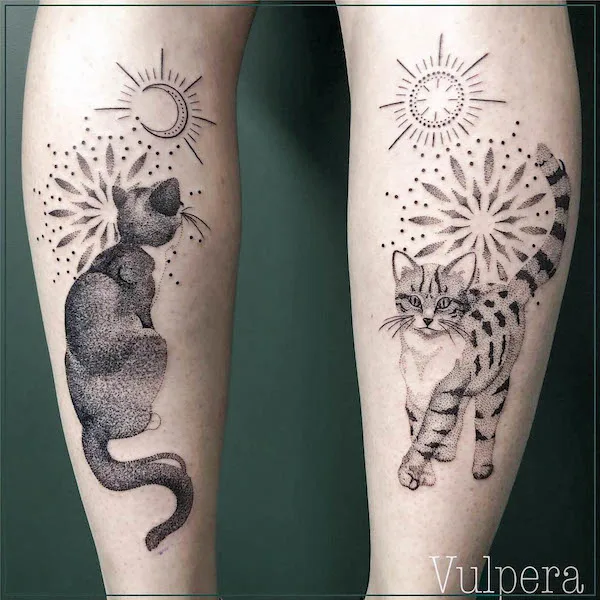 Matching sun and moon cat tattoos by @vulpera