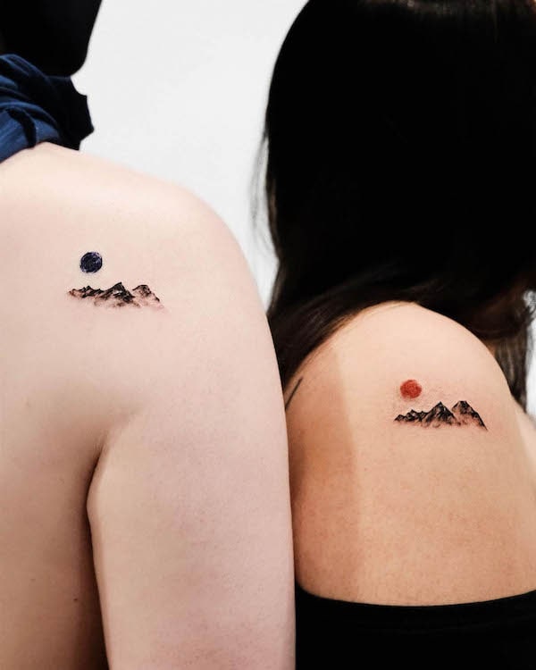 Matching sun and moon shoulder tattoos by @aebak_tattoo