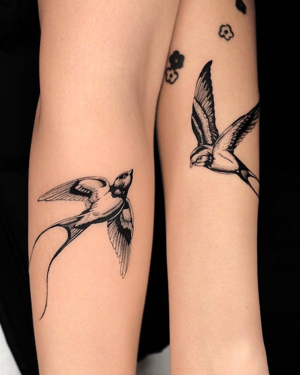 Matching swallow tattoos for best friends by @kashatattooer