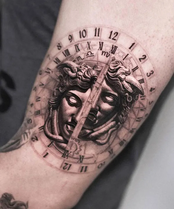 Medusa clock tattoo by @claytattoos