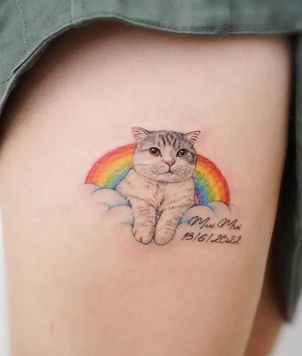 Cute rainbow and cat tattoo by @hktattoo_ying24