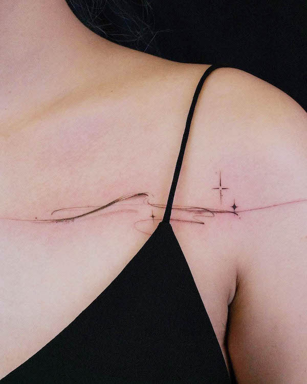 Minimalist wave collarbone tattoo by @idont_inkso