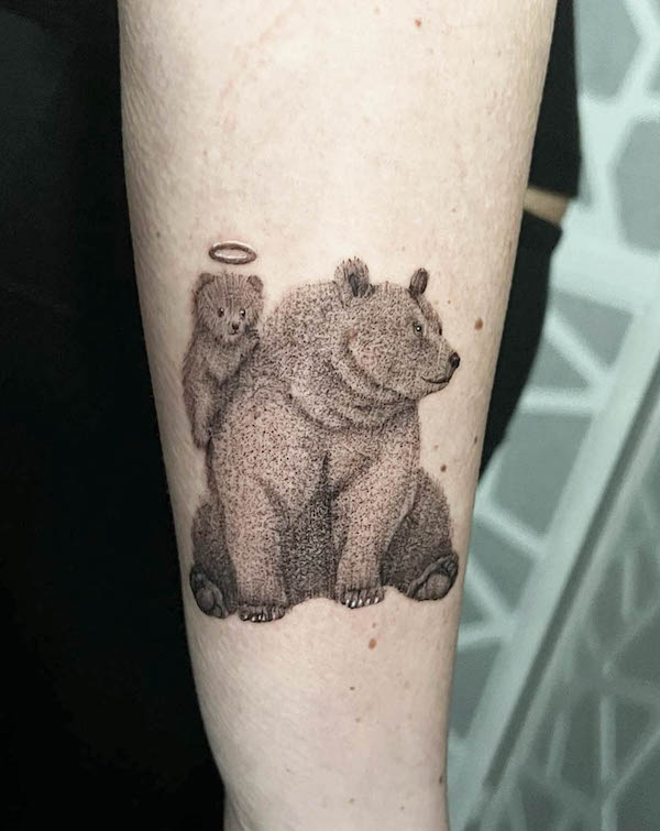 Mother and baby bear memorial angel tattoo by @bigdaddybarts