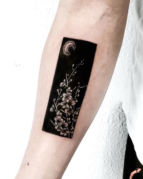 Night-theme cherry blossom tattoo by @cats.inks