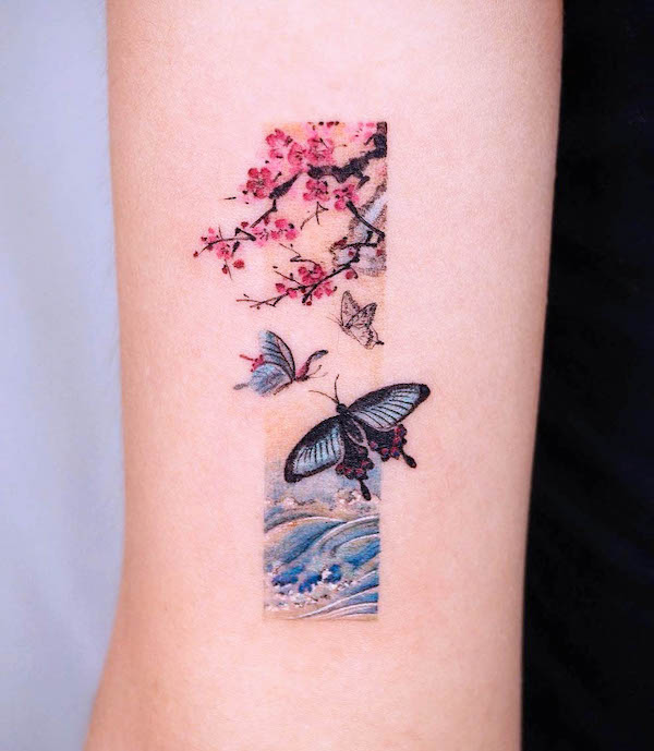 Oriental cherry blossom and butterflies tattoo by @eunyutattoo