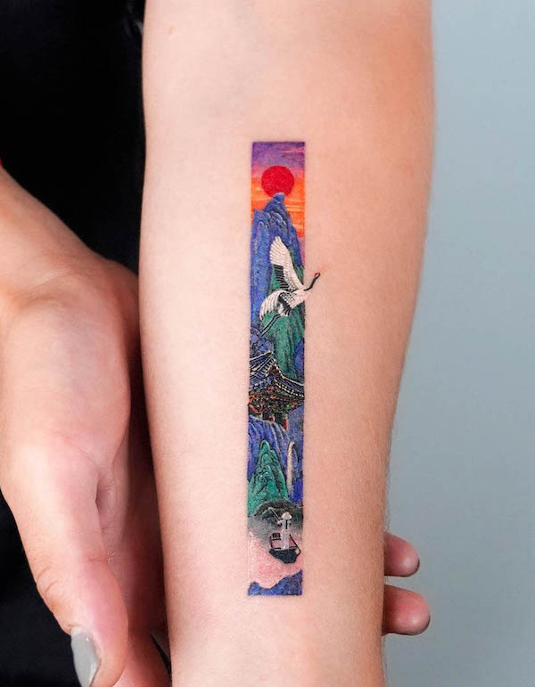 Oriental landscape and crane forearm tattoo by @tattooist_eq