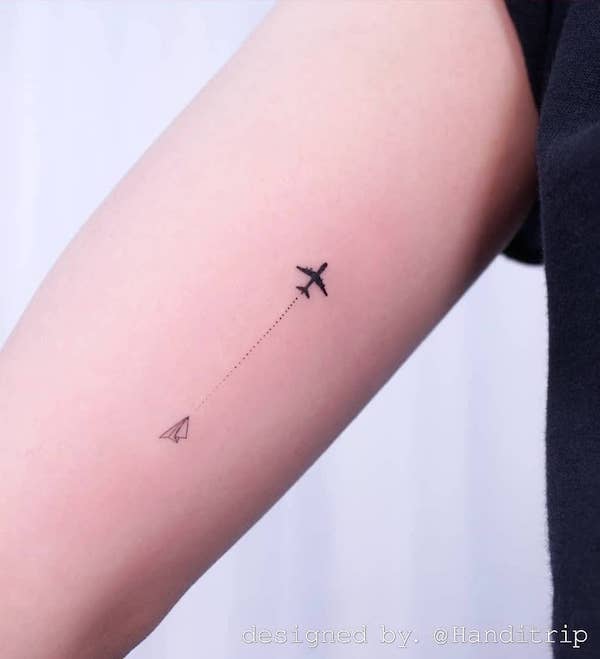 Paper plane to airplane tattoo by @handitrip