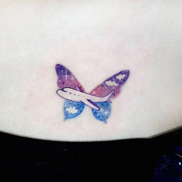 Plane and butterfly tattoo by @tattooist_namoo