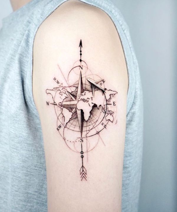 Plane and world map tattoo by @tattooist_bae