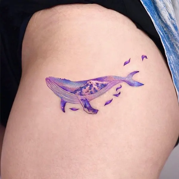 Purple whale thigh tattoo by @ornot_tattoo