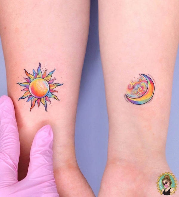 Rainbow color sun and moon tattoos by @shiratwig