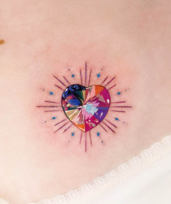 Rainbow gemstone heart tattoo by @yeriel_tattoo