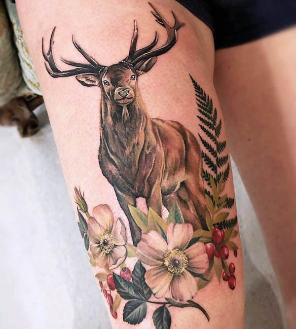 Realism deer thigh tattoo by @monischarnagltattoo