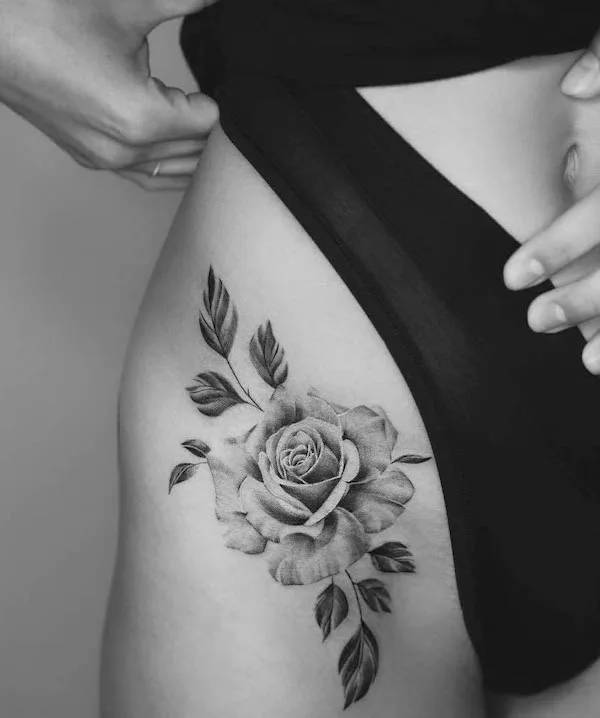 Realism rose hip and thigh tattoo by @_tattoo._.art_