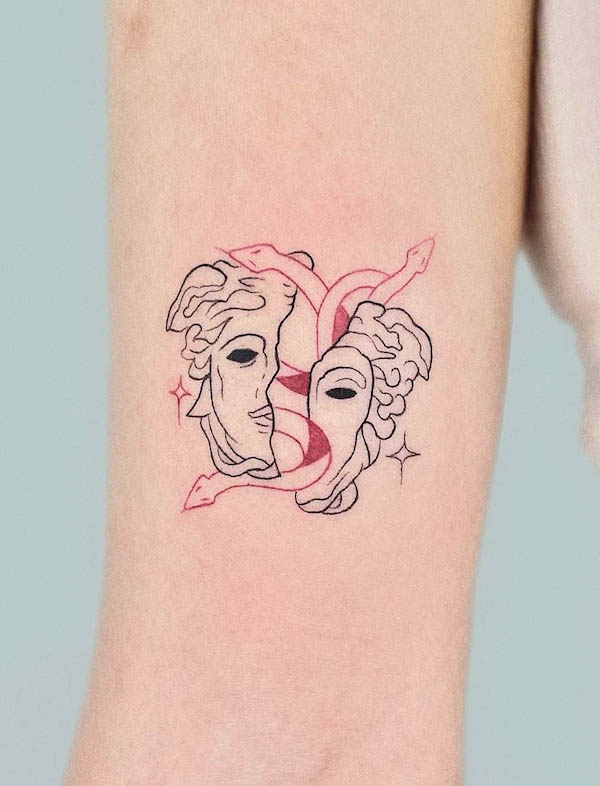 Red and black Medusa tattoo by @eray.ink_