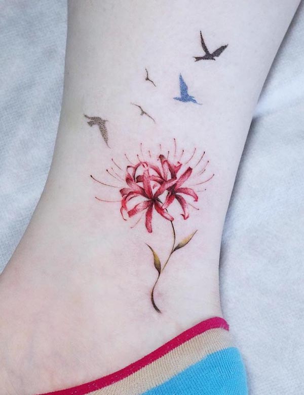 Red spider lily and birds ankle tattoo by @gameboitellem