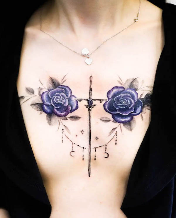 Rose and sword chest tattoo by @de2p__