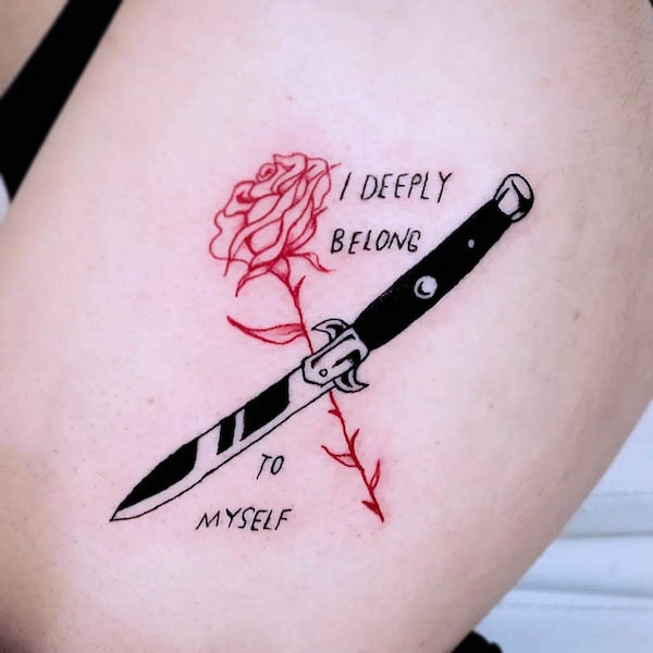 Rose self-love quote tattoo by @katfaztattoo