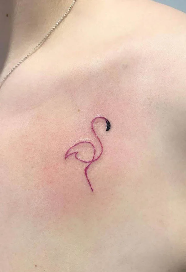 Simple abstract flamingo chest tattoo by @mat.tattoo.studio