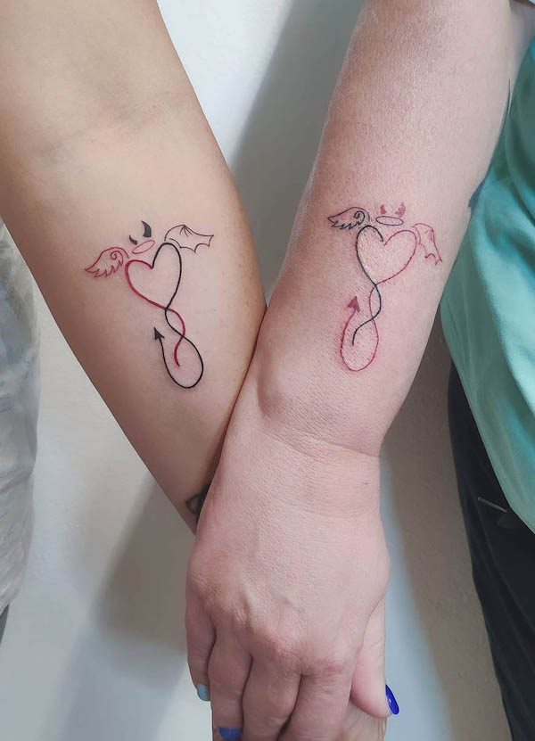 Simple angel and devil matching tattoos by @lasguatteraink