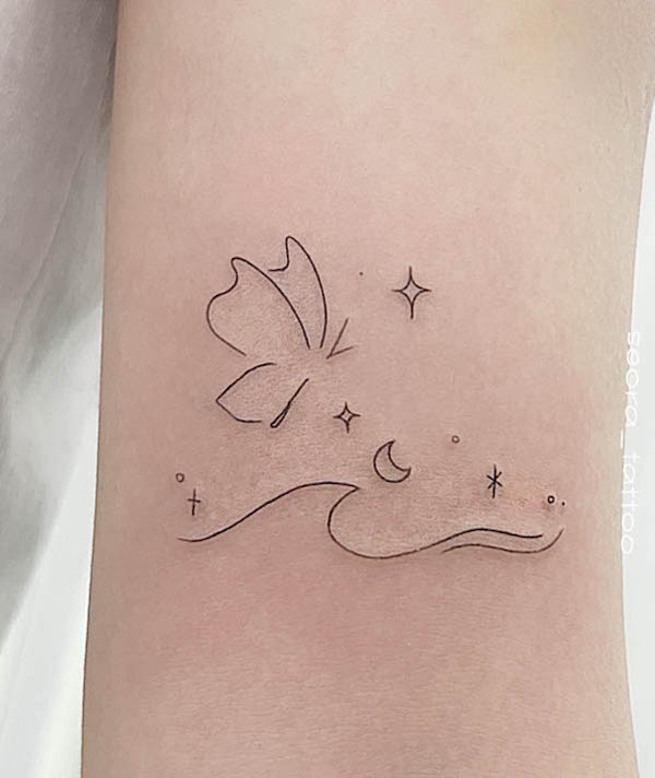 Simple butterfly and wave fine line tattoo by @seora_tattoo