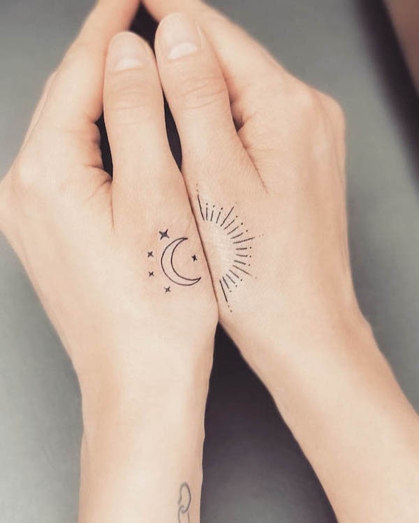 Simple sun and moon hand tattoos by @valleyrootsstudio