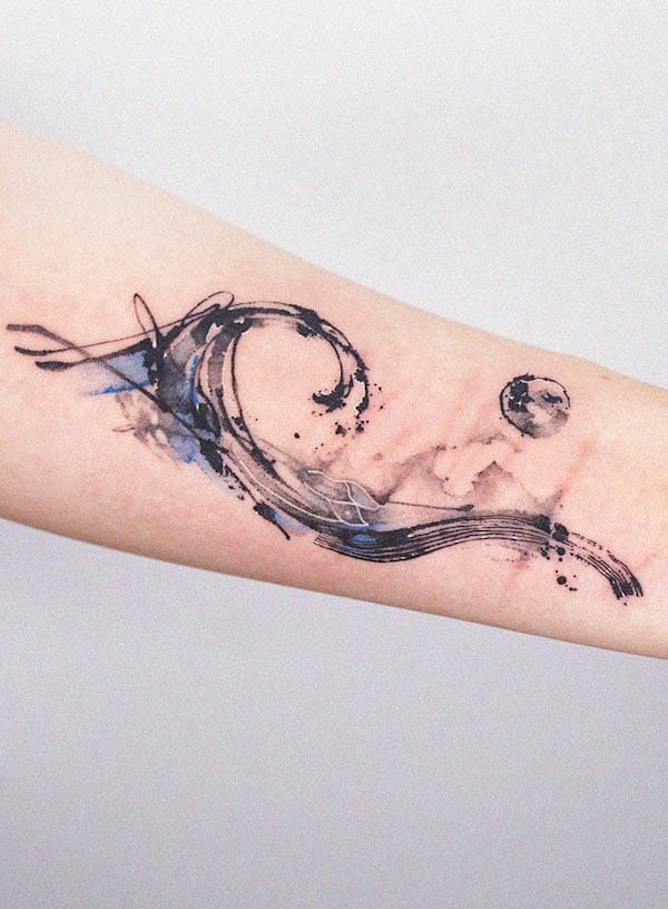 Sketch style wave forearm tattoo by @rainisline