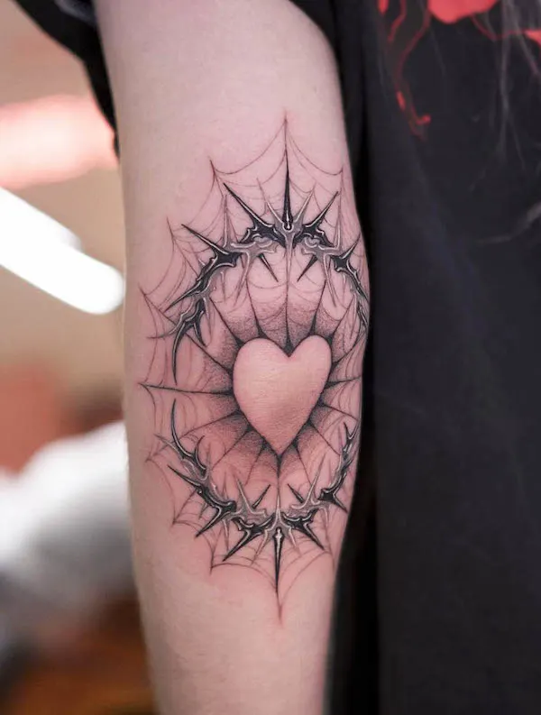 Spider web elbow heart tattoo by @__danykim