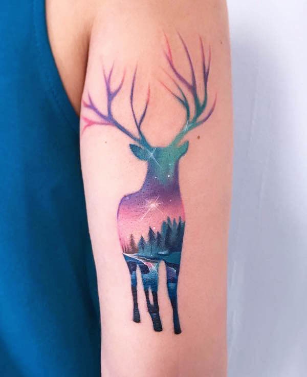 Starry night deer tattoo by @carolina_loveink