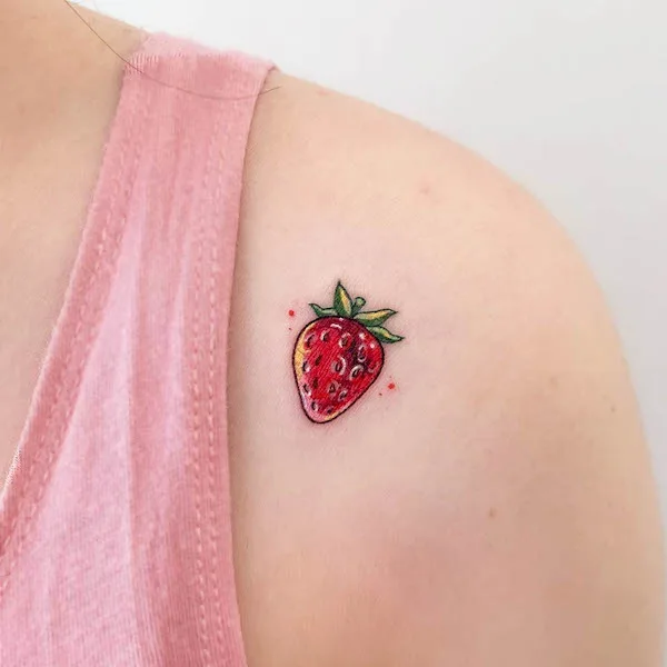 Strawberry shoulder cute tattoo by @zvee._.tt_