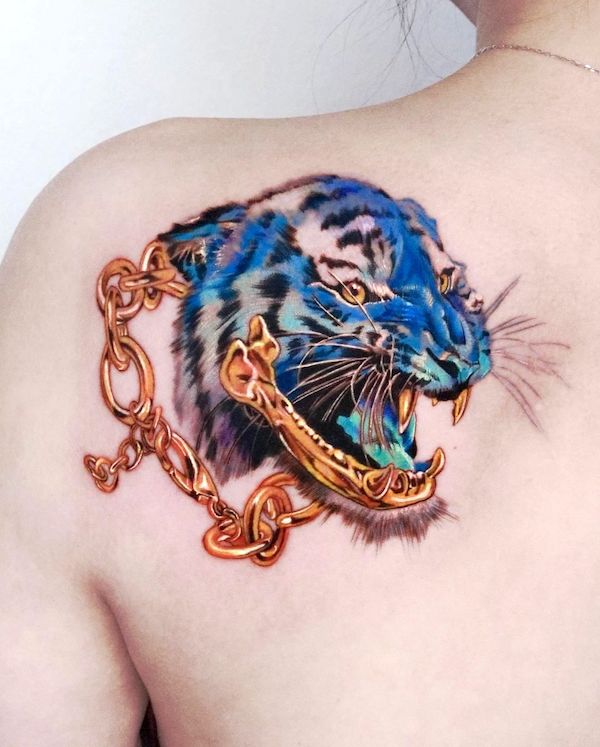 Stunning blue tiger tattoo by @tattooist_irae2